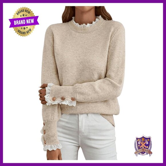 Lace Peplum Mock Neck Pullover Sweater Cozy Fall Knit Women's Size